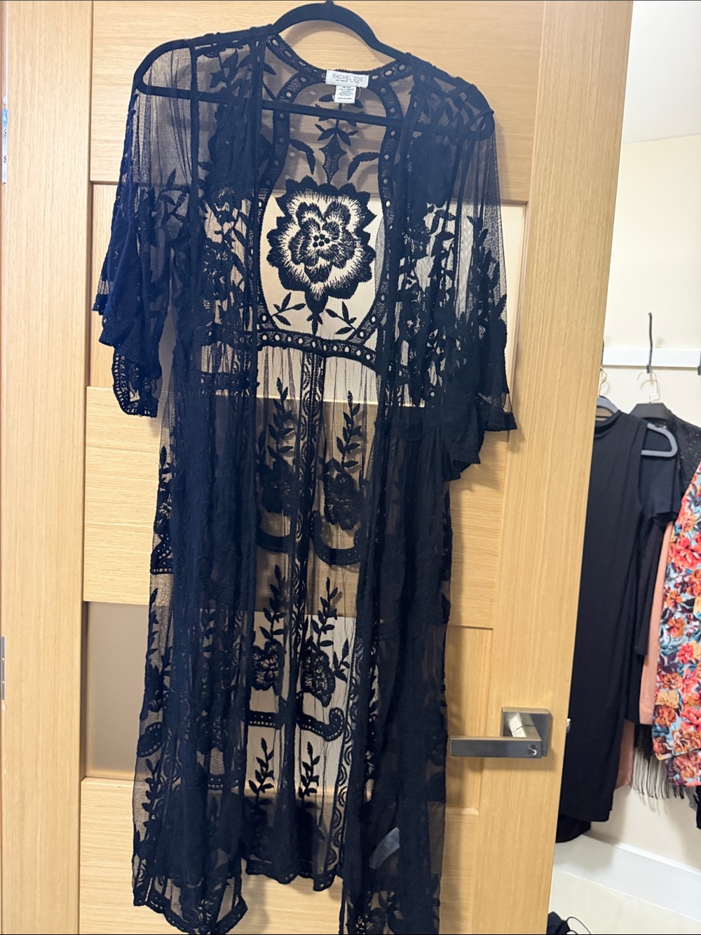 Rachel Zoe Black Sheer Embroidered Long Sleeve Duster
